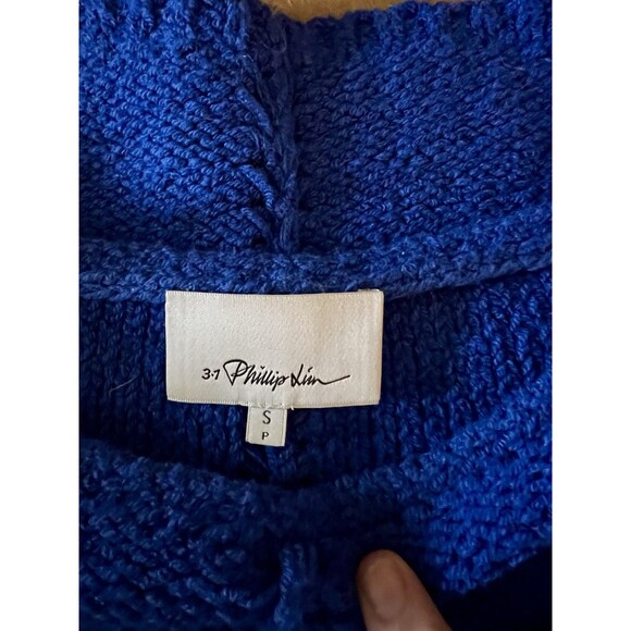 3.1 PHILLIP LIM Small Cashmere Angora Boxy Crop Fringed Open Knit Blue Sweater - Picture 6 of 6
